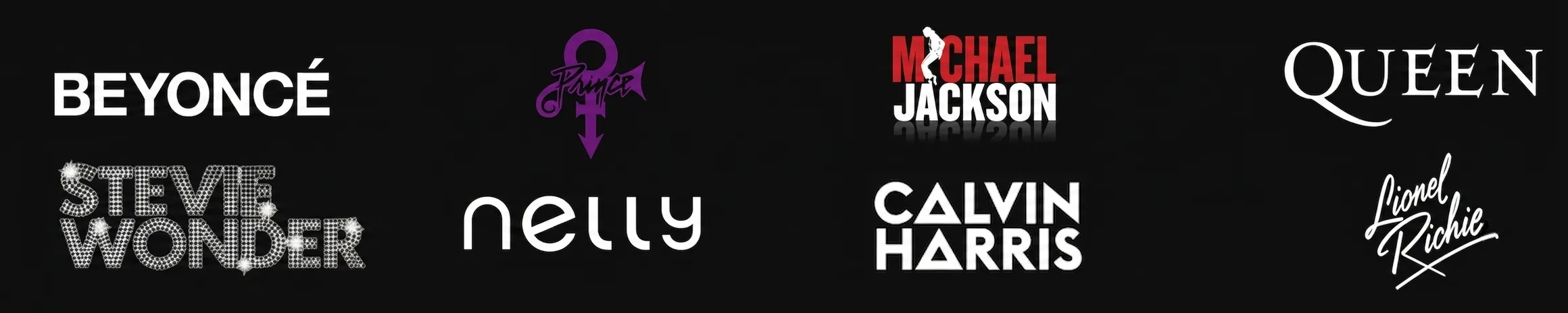 Logos of famous artists like Beyonce, Prince, Michael Jackson, Queen, Stevie Wonder, Nelly, Calvin Harris