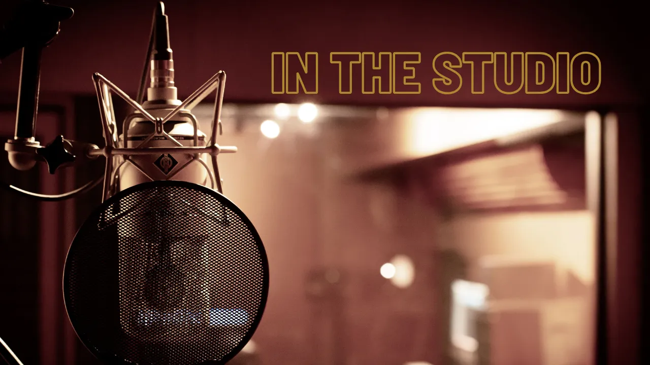 Studio recording condenser microphone with pop filter and text IN THE STUDIO