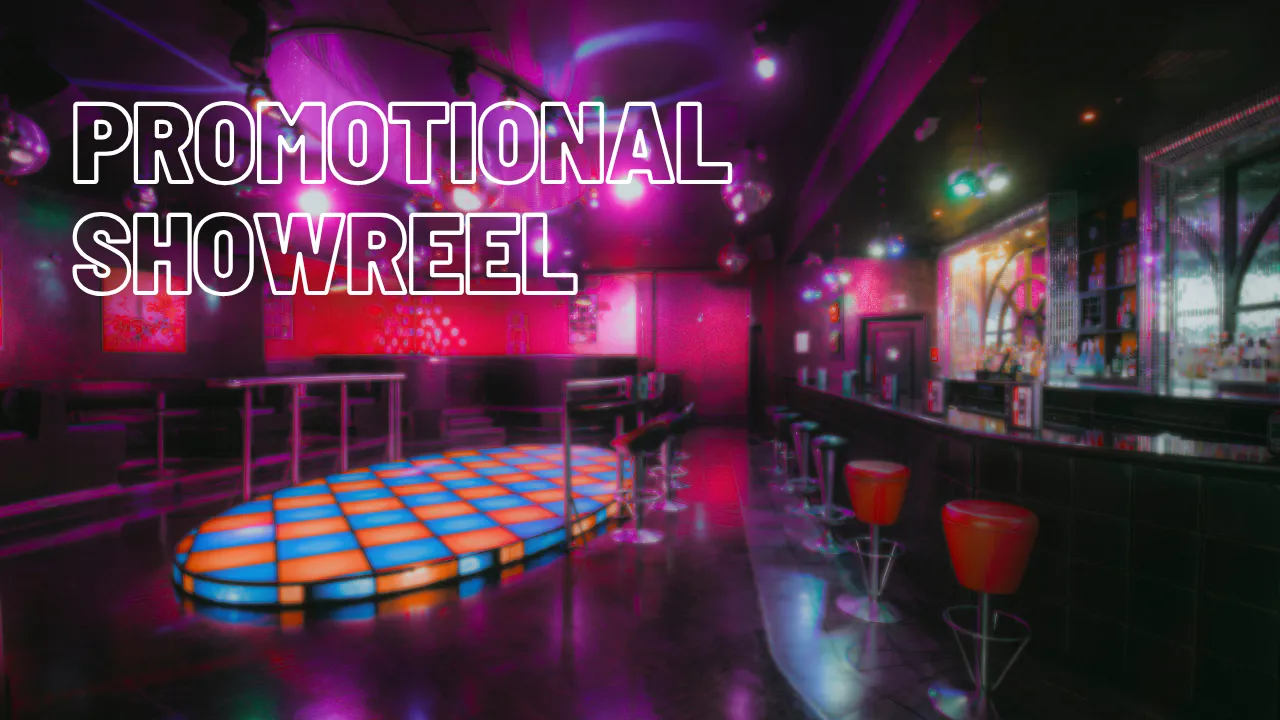 Neon-lit dance floor and bar venue under pink lighting with text PROMOTIONAL SHOWREEL