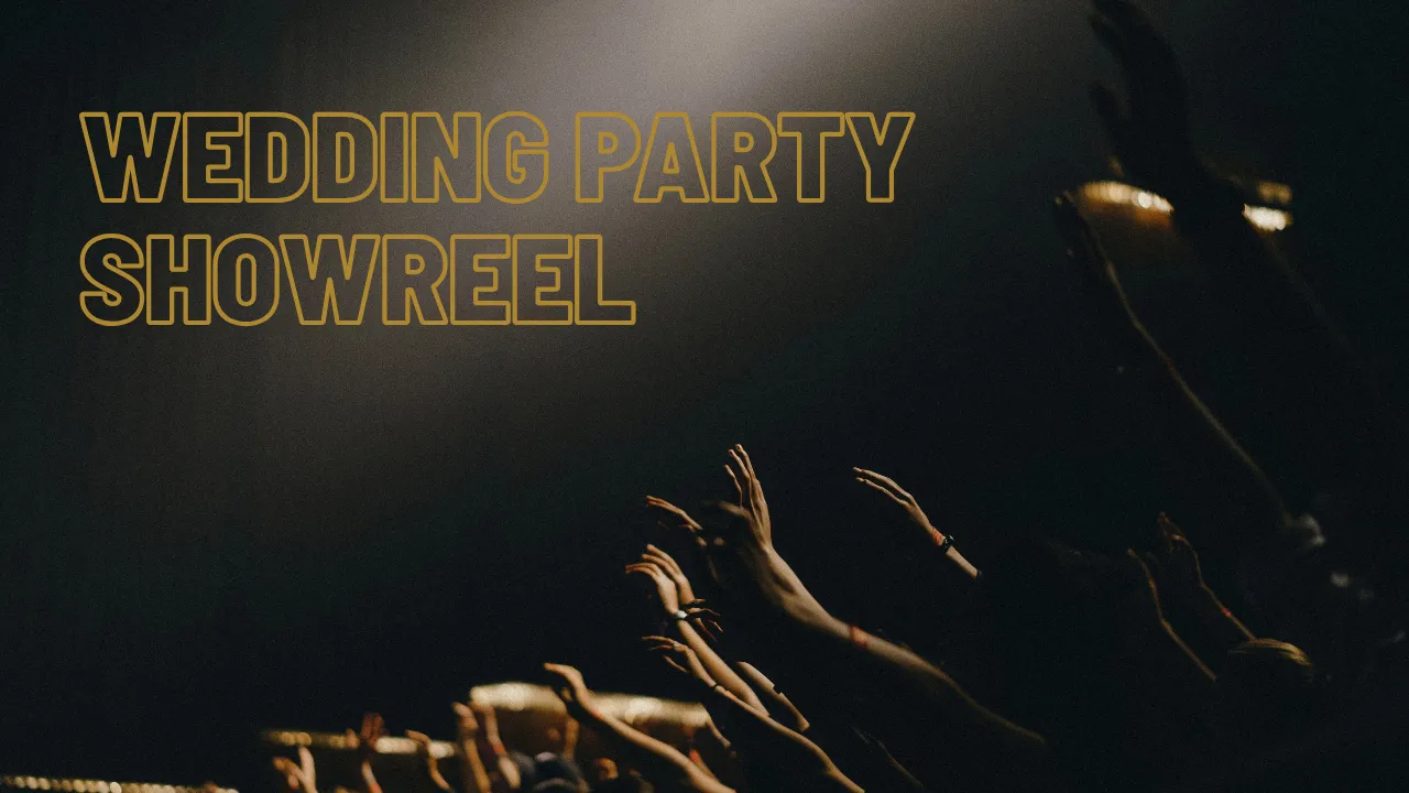 Silhouette of crowd hands raised at a concert under spotlight with text WEDDING PARTY SHOWREEL